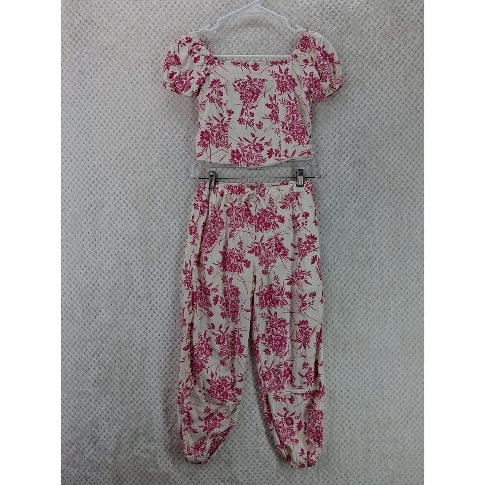 Paisley Lane Pink Floral Girls 10 2pc Linen Crop Top & Harem Pants Set